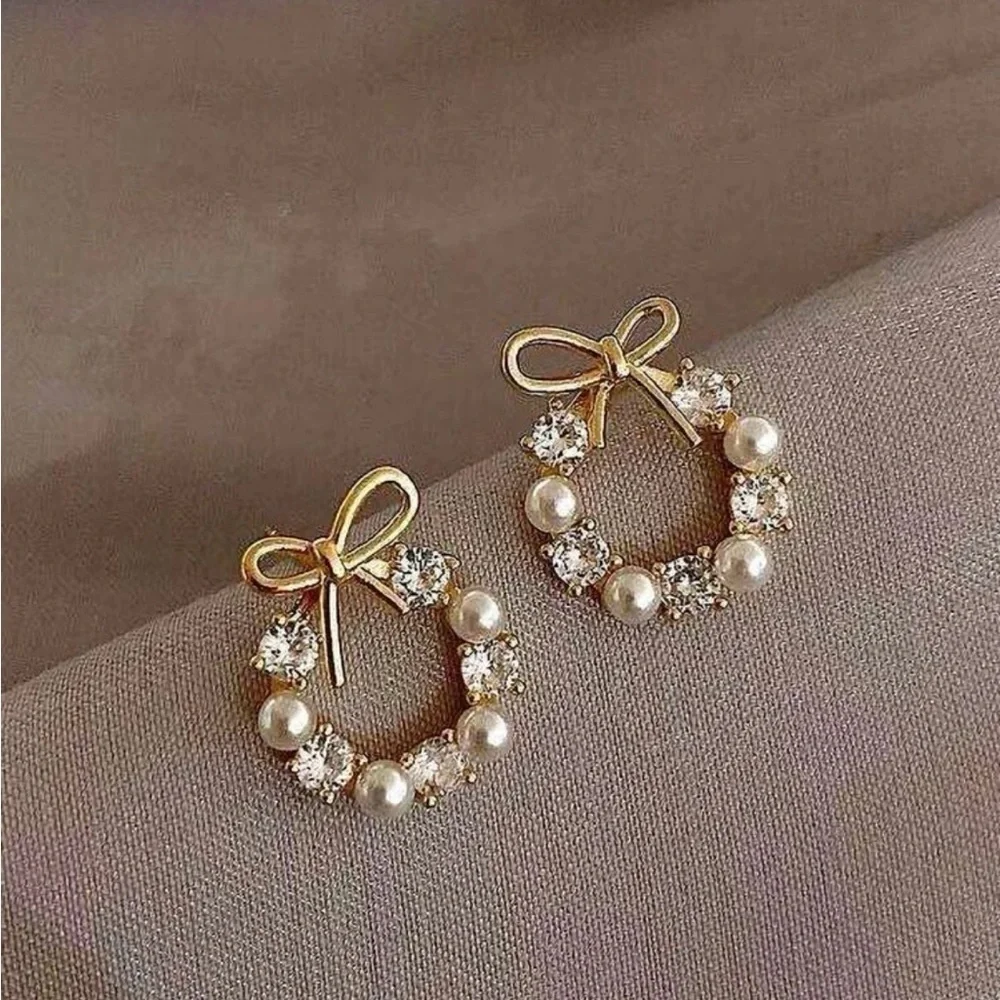 Gold Circle Bow Rhinestone Faux Pearl Earrings